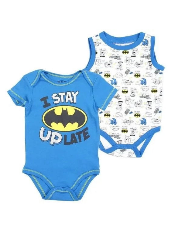 Set of 2 Batman Bodysuits Blue Yellow Creepers 0-3 & 6-9 Months DC Comics
