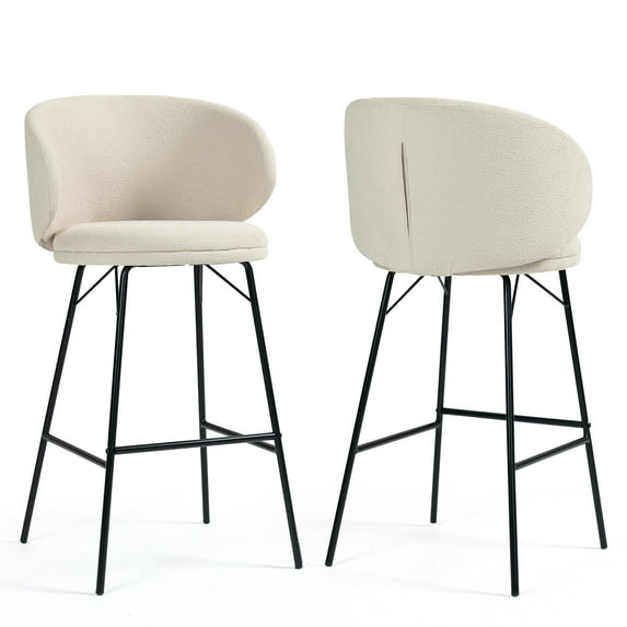 Set of 2 Baxter White Boucle Fabric Bar Stool with Black Iron Legs