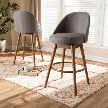 Set of 2 Baxton Studio Carra Mid-Century Modern Grey Fabric Upholstered Walnut-Finished Wood Swivel Bar Stool Set