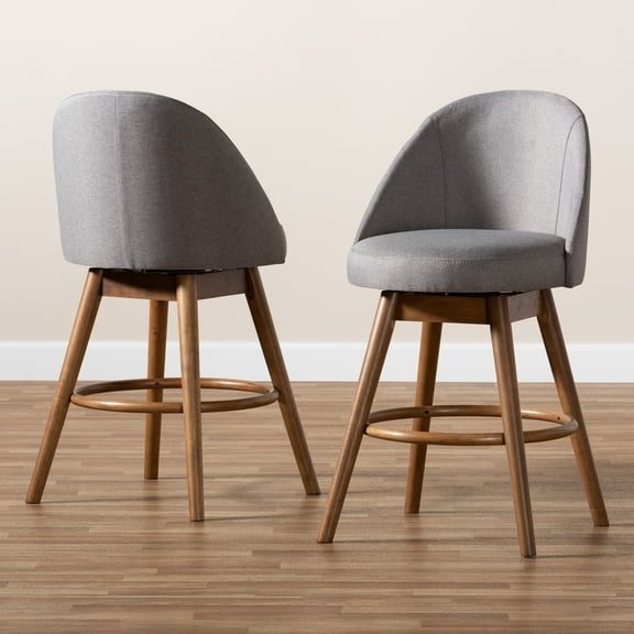 Set of 2 Baxton Studio Carra Mid-Century Modern Grey Fabric Upholstered Walnut-Finished Wood Swivel Counter Stool Set