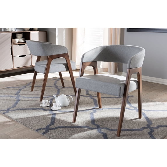 Set of 2 Baxton Studio Tory Mid-Century Modern Walnut Wood Light Grey Fabric Dining Chair Set