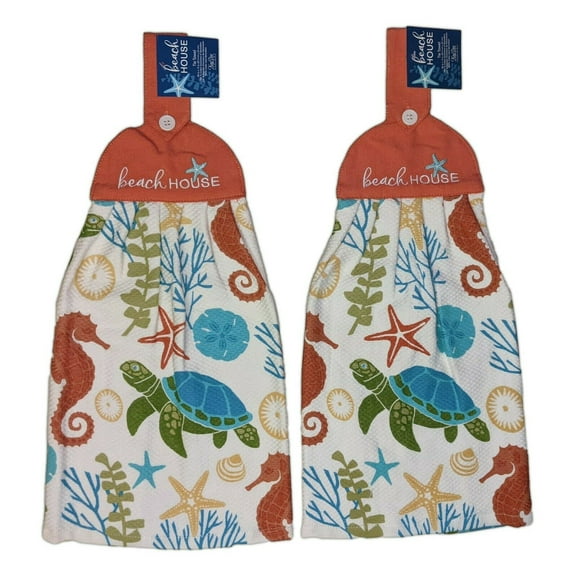 Set of 2 Beach House SEA TURTLE Terry Kitchen Tie Towels by Kay Dee Designs