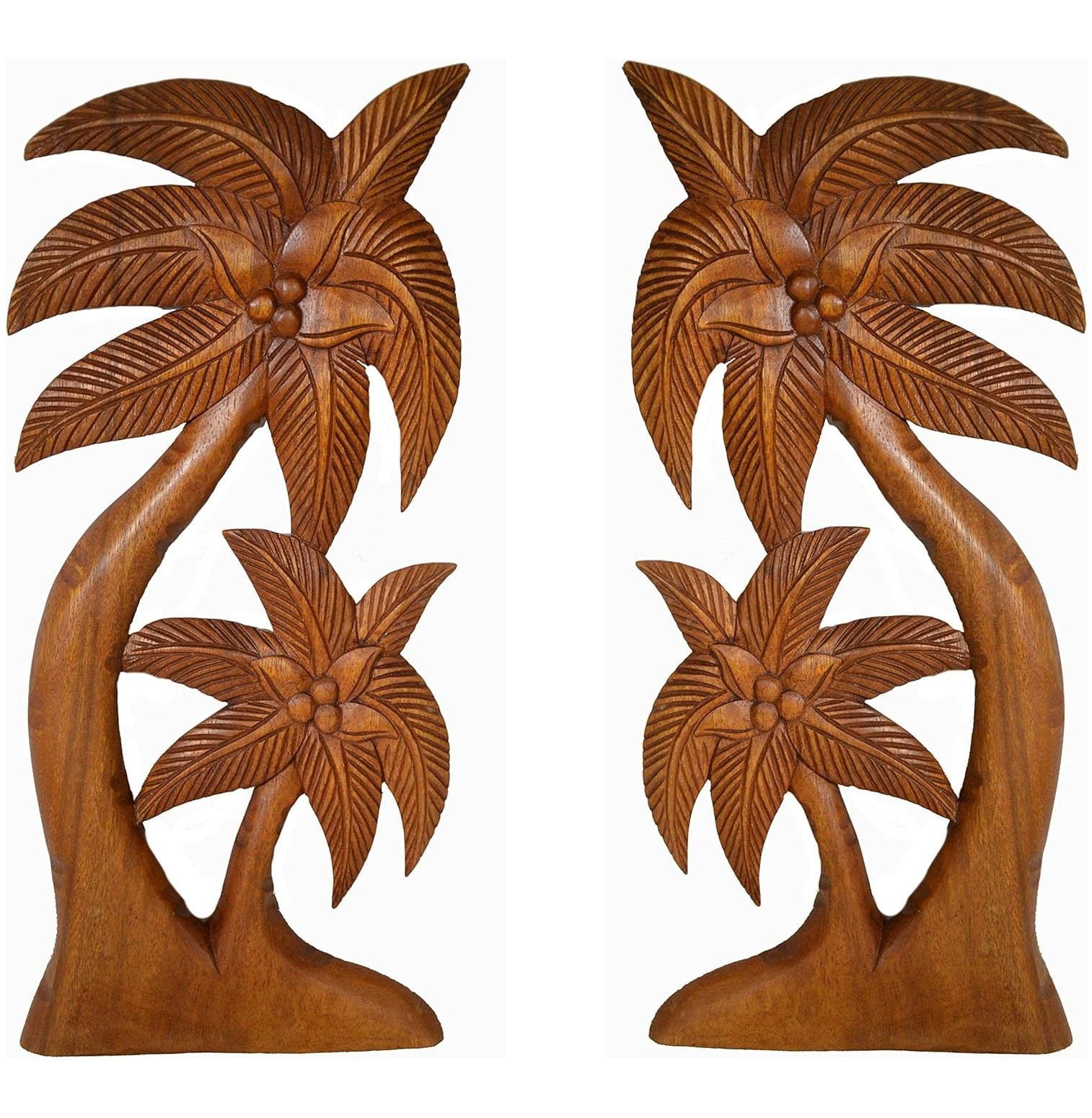 Set of 2 Beautiful Mahogany Wood Palm Tree with Coconuts Tropical