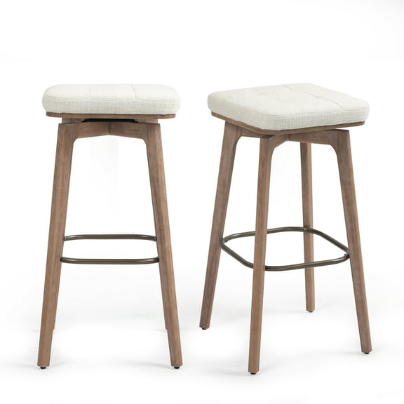 Set of 2 Beckham Beige Linen Fabric Backless Bar Stool with Natural Wood Legs