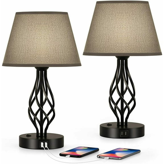 Set of 2 Bedroom Bedside Nightstand Lamp with Dual USB Port & AC Outlet