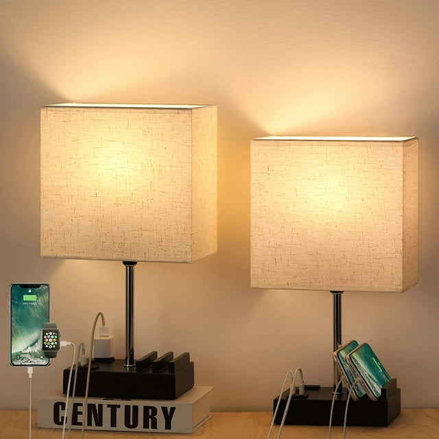 Set of 2 Bedside Lamps with USB Port, Type C Port, AC Outlet and Linen