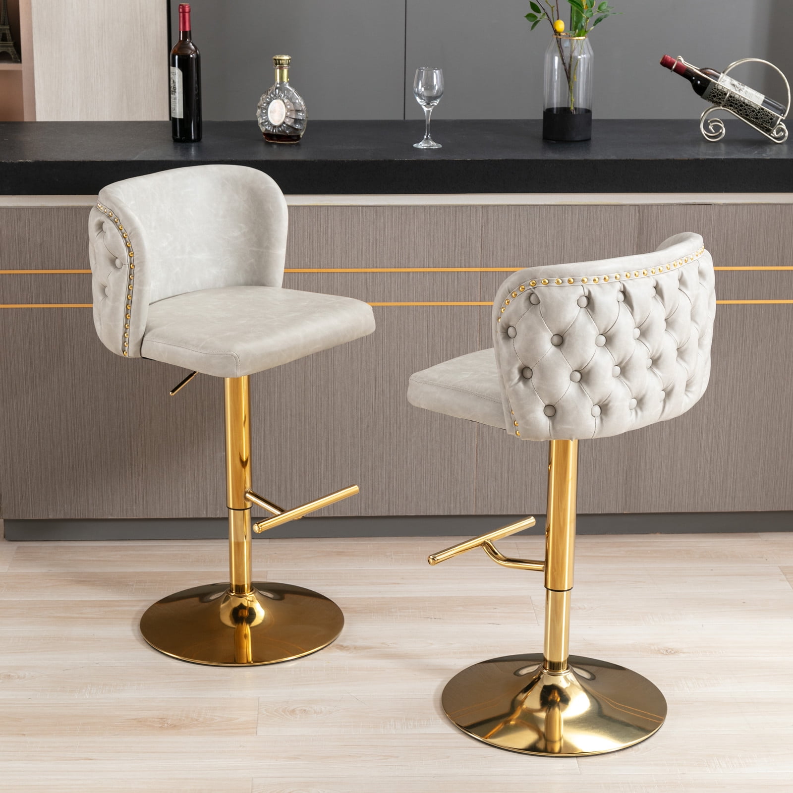Set of 2 Beige Adjustable Height Swivel Bar Stools, Modern Full Tufted Back PU Leather Upholstered Counter Bar Chairs for Kitchen Island Home Pub