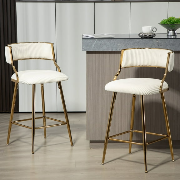 Set of 2 Beige Corduroy Counter Height Bar Stools with Back & Gold Footrest – 26 Inch Kitchen Island Stools, Modern Design - Beige