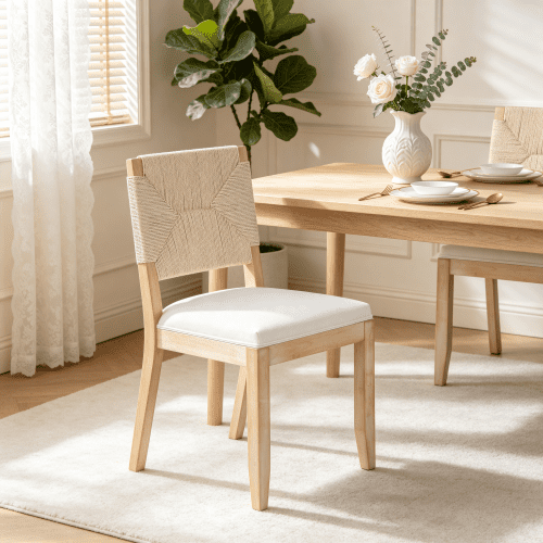 Set of 2 Beige French Country Dining Chairs – Farmhouse Boho Kitchen Chairs with Woven Back and Linen Upholstered Seat, Solid Wood Frame