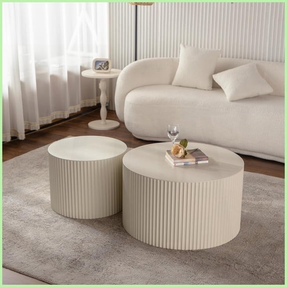 Set of 2 Beige Modern Coffee Tables with Embossed Lines - Space-Saving & Easy to Clean