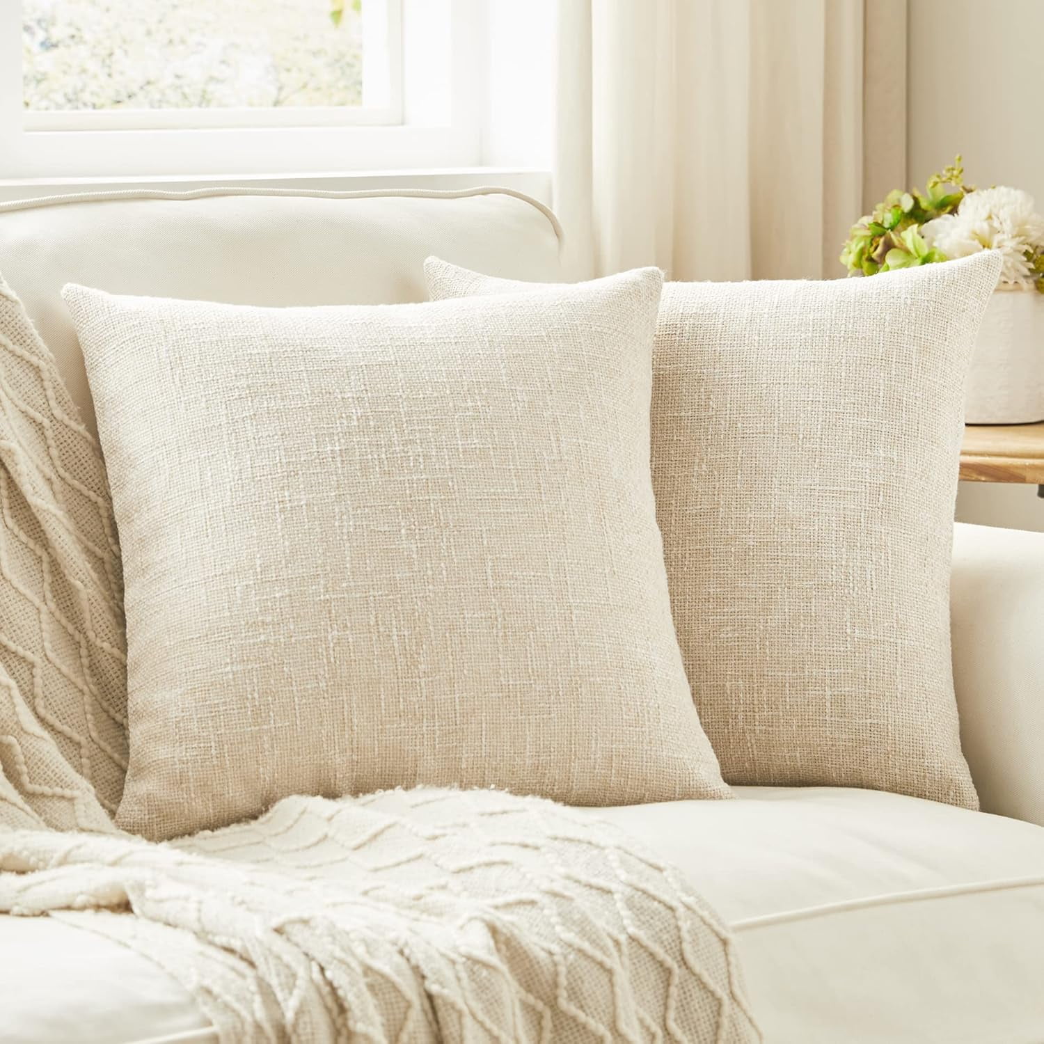 Beige Chenille 20" Square Throw Pillow Covers, Set of 2