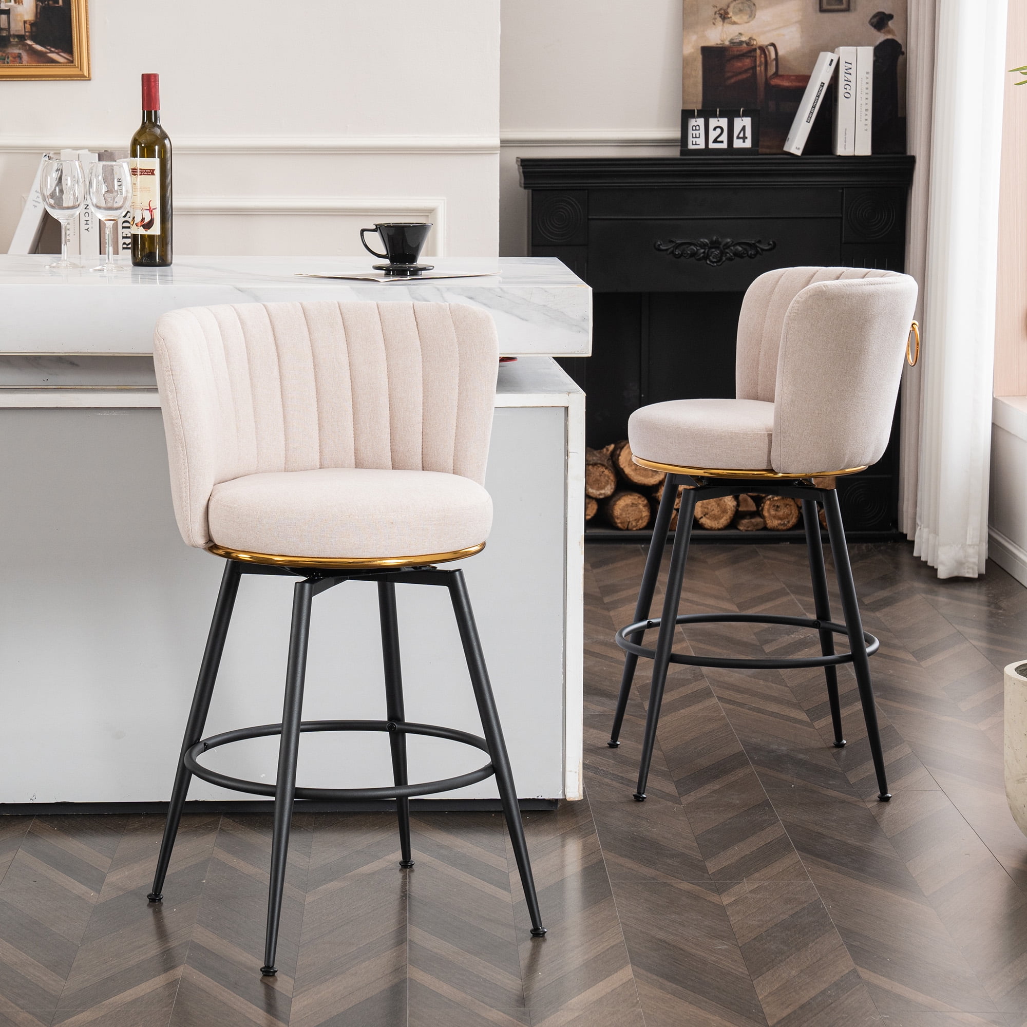Set of 2 Beige Swivel Bar Stools with Metal Legs