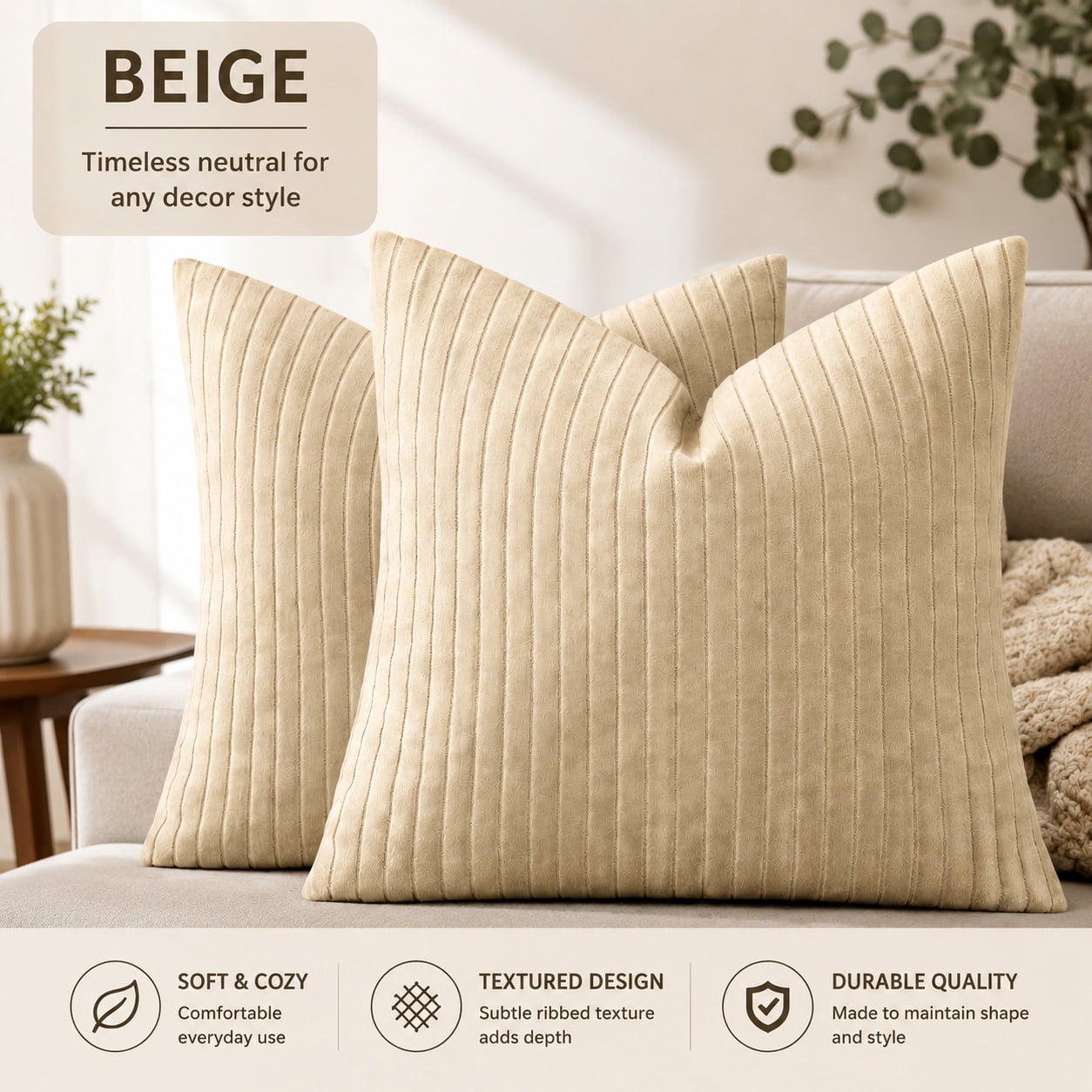 Set of 2 Beige Textured Striped Throw Pillow Covers, 20x20 Inch