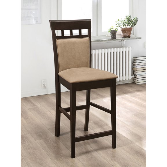 Set of 2 Beige Upholstered Counter Height Stools, Cappuccino Wood Frame, Casual Dining Chairs, Microfiber Fabric, 41.25" H