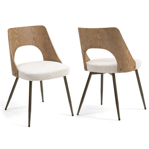 Set of 2 Bernadette Beige Washed Boucle Fabric Dining Chair with Natural Wood Back and Black Iron Legs