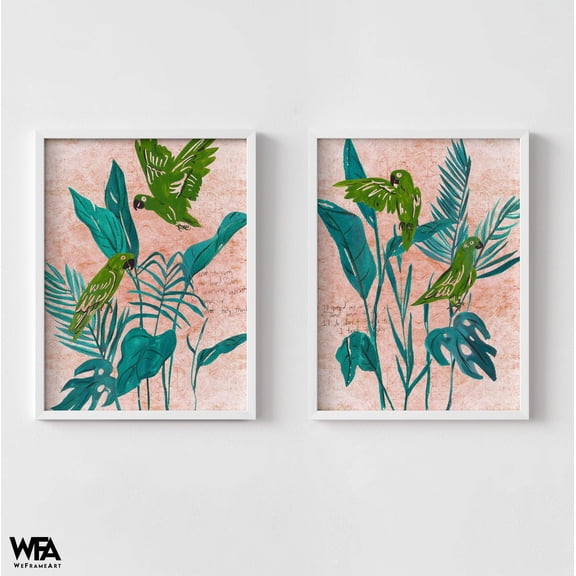 Set of 2 Birds Painting Prints, Framed Parrot Painting Print, Green Birds Wall Art, Tropical Wall Decor,Plants Wall Art,Botanical Wall Decor