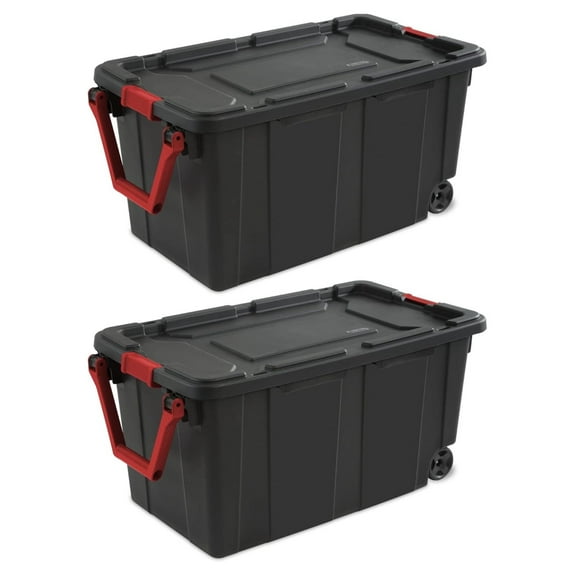Set of 2 Black 40 Gallon Industrial Tote Plastic Bins with Wheels - Convenient Storage