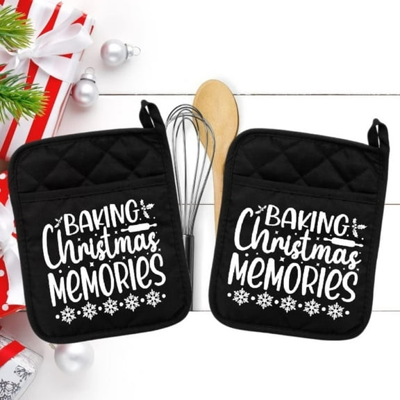 Set of 2 Black - Baking Christmas Memories - Pot Holder - Oven Mitt - Hot Pad - Polyester & Neoprene White Elephant - 9" x 7" - NEO003BLKDBL