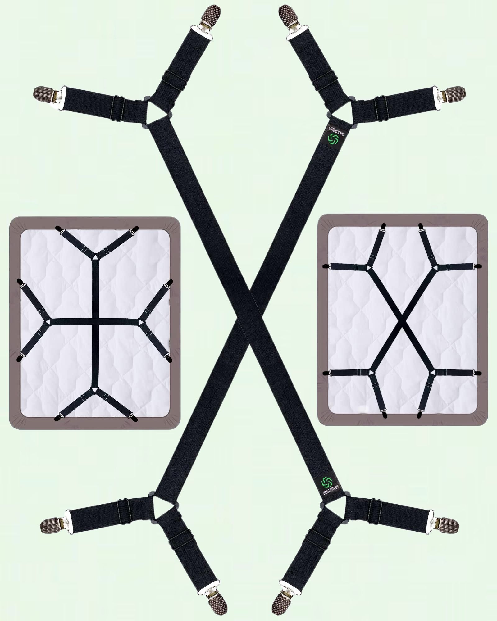 Set of 2 Black Bed Sheet Straps Cross Mounted Sheet Clips and Elastic