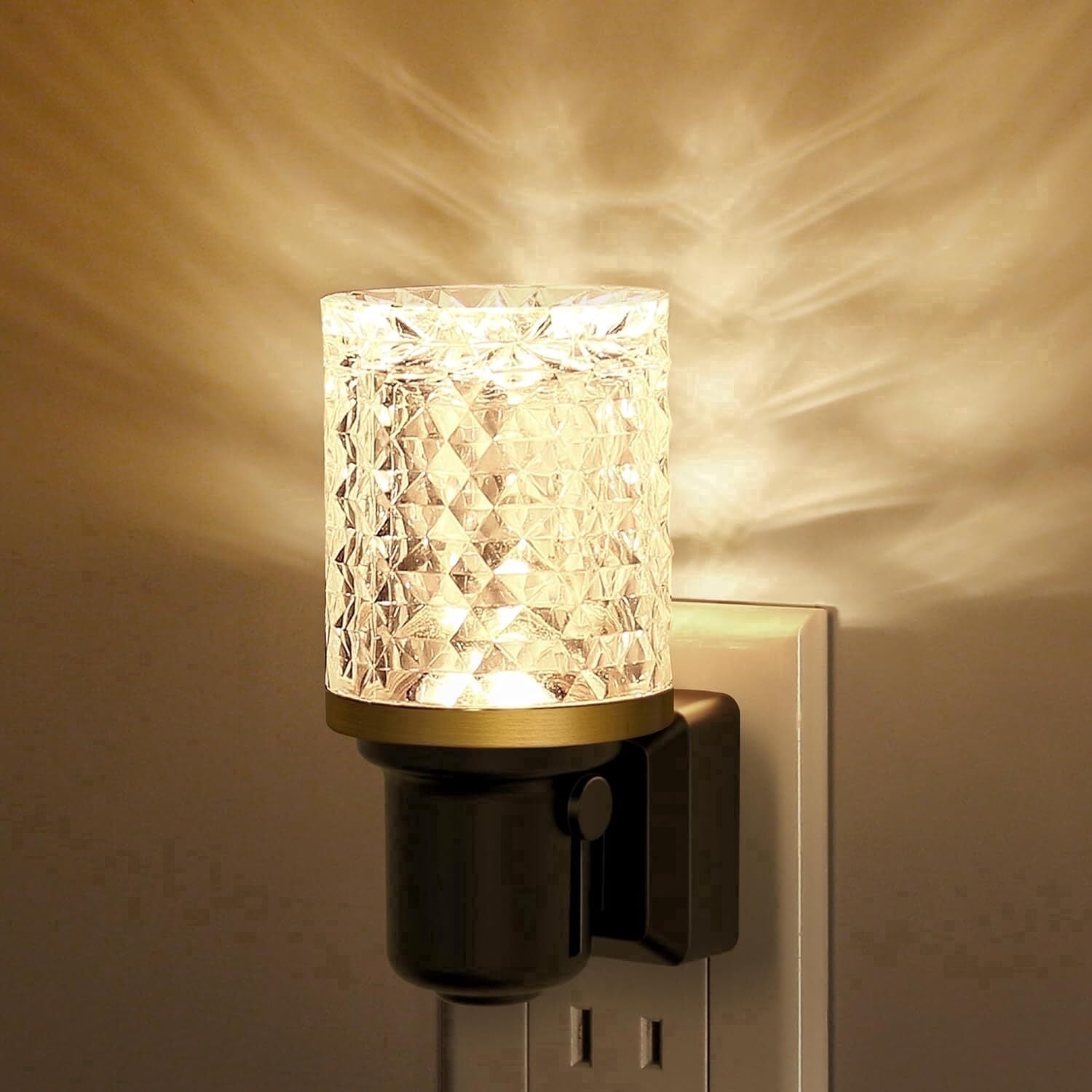 YANSUN Black and Brass Diamond Crystal Column Night Light, Set of 2 Lamps Display, Warm White 3000K Plug-In, Decorative Lighting for Bedroom, Living Room, Kitchen