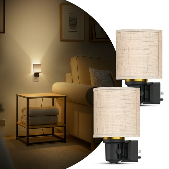 Set of 2 Black & Brass Fabric Shade 3000K Night Light