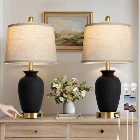 Set of 2 Black Ceramic Farmhouse Table Lamps, 23" Ginger Jar Bedside USB Lamp for Living Room, Dining Room, Bedroom, Office, Nightstand