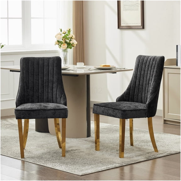 Set of 2 Black Chenille Upholstered Dining Chairs with Golden Legs, High Back Channel Tufted Accent Chairs for Kitchen and Dining Room