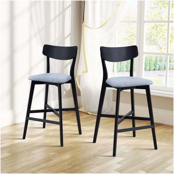Set of 2 Black Counter Stools with Back Support, Soft Padded Kitchen Bar Chairs with Footrest, Modern Solid Wood Pub Height Stools