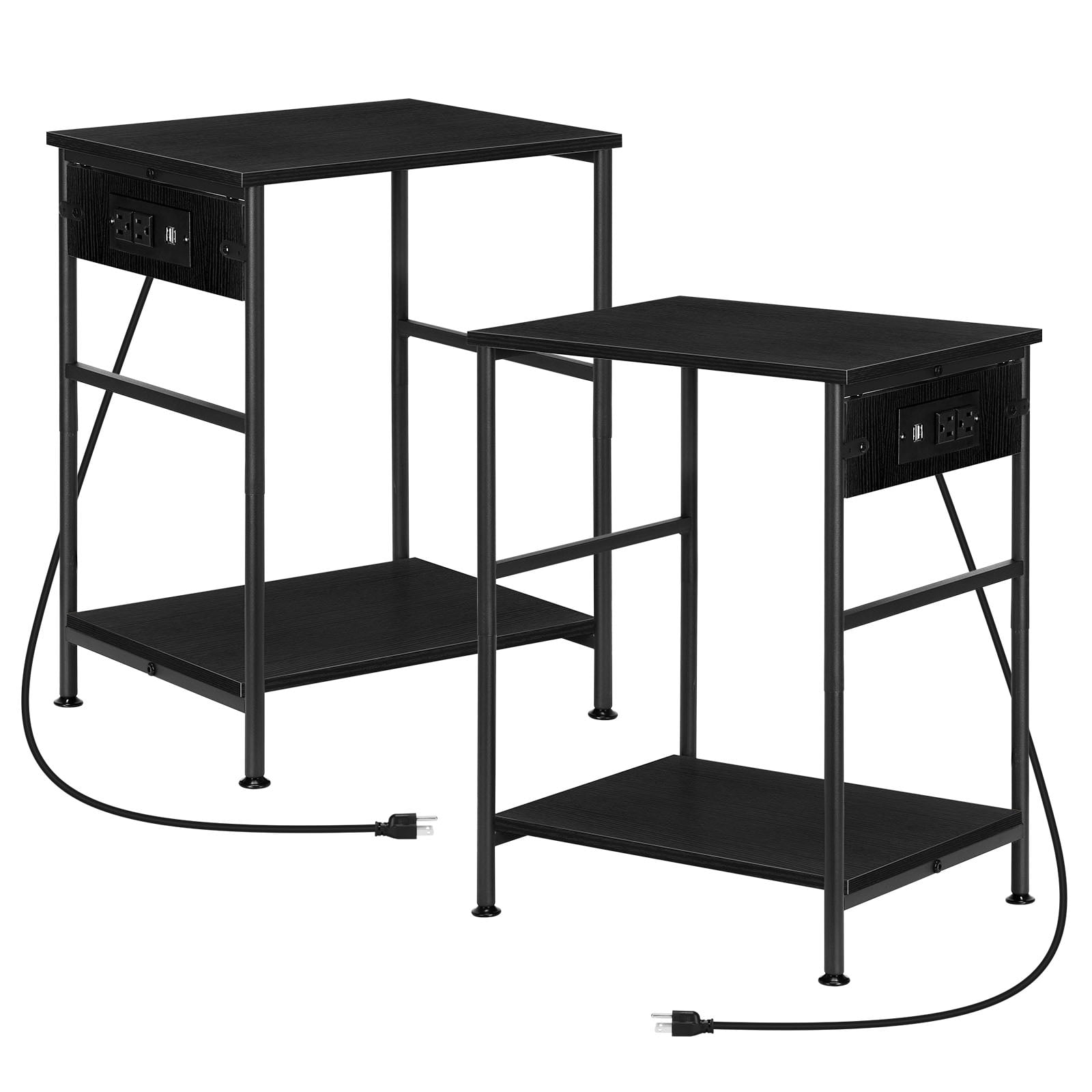 Set of 2 Black End Tables with Charging Station, Industrial Nightstand with USB Ports for Living Room Bedroom