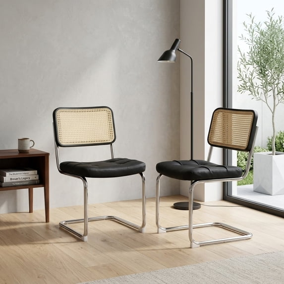Set of 2 Black Faux Leather Rattan Dining Chairs with Chrome Legs