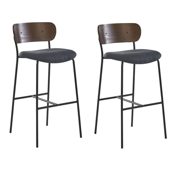 Set of 2 Black Industrial Bar Stools with Wooden Back Modern Design Style Dining Room