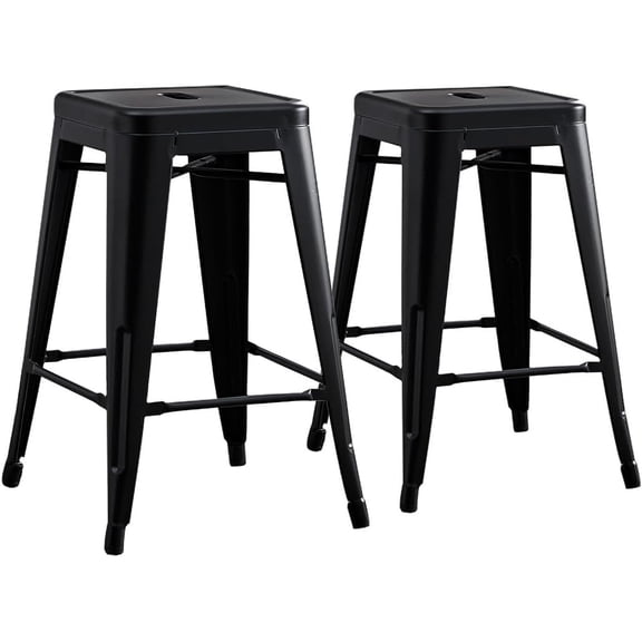 Set of 2 Black Metal Bar Stools - Industrial Rustic Design, 30" Seat Height, No Back - Kitchen Island Seating for Home Bar & Living Room