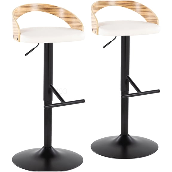 Set of 2 Black Metal Bar Stools with White Faux Leather, Swivel Adjustable Counter Height Stools with Footrest, Zebra Wood Detail
