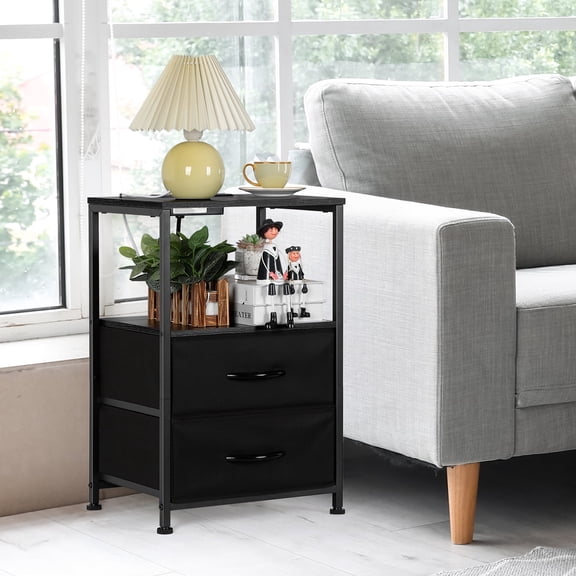 Set of 2 Black Nightstands with Charging Station, Industrial Bedside Tables with Fabric Drawers & USB Ports for Bedroom, Living Room