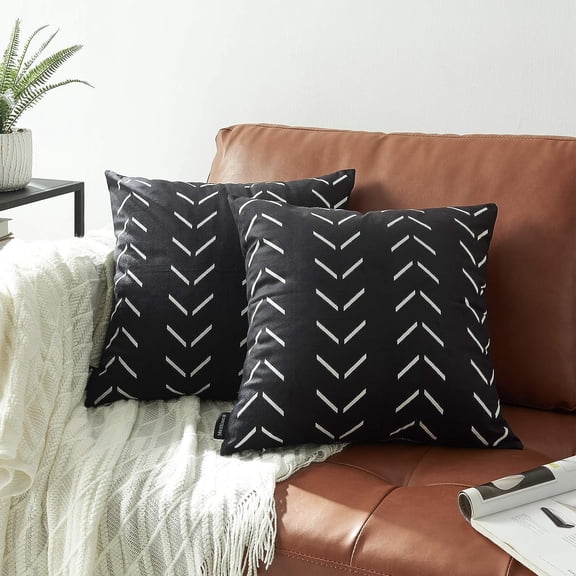 Set of 2 Black Pillow Covers 18 x 18 inches Boho Aztec Polyester Blend Square Decorative Throw Pillow Covers for Sofa Couch Bed Decor