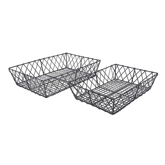 Set of 2 Black Rectangular Iron Trays, Decorative Wire Baskets
