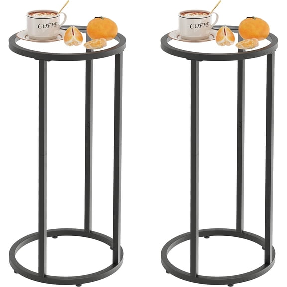 Set of 2 Black Round Glass C-Shaped Side Tables, Tempered Glass Snack Tables with Metal Frame