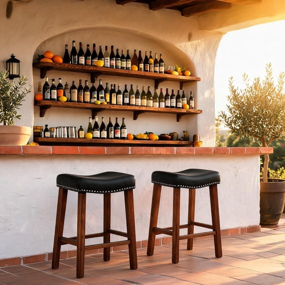 Set of 2 Black Saddle Bar Stools - Riveted,, PVC, Solid Rubberwood