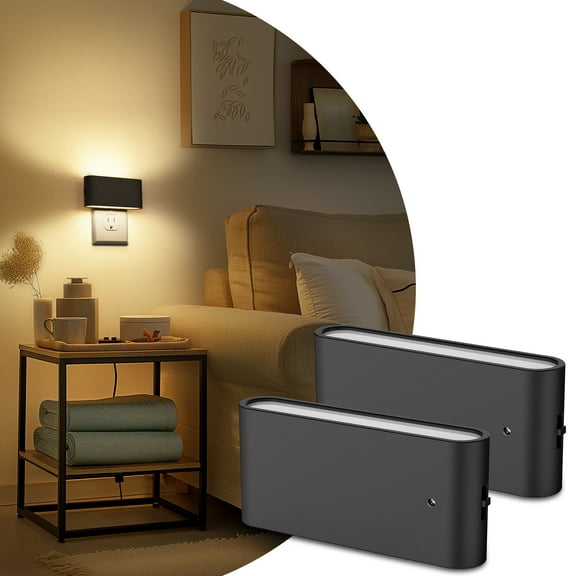 Set of 2 Black Square LED Night Lights, Light Sensor Nightlights, 0-100LM Dimming, Automatic Dusk-to-Dawn