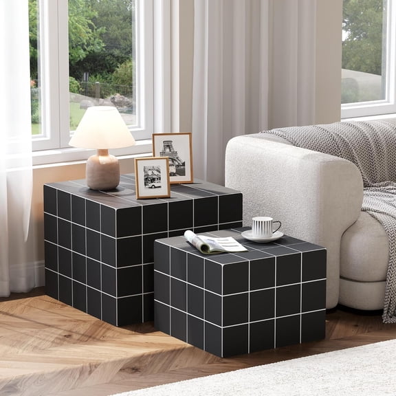 Set of 2 Black Square Nesting Coffee Tables, Modern Cube Wooden Side Tables for Small Spaces