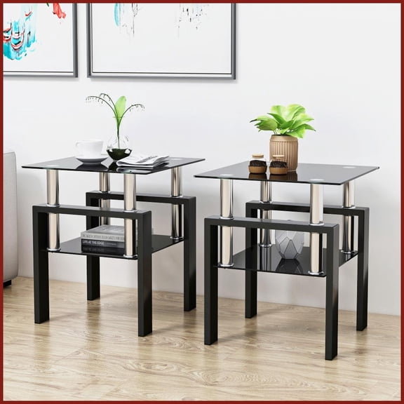 Set of 2 Black Tempered Glass Square Coffee Tables for Living Room, Easy-Clean & Quick-Assemble, 150lbs Capacity