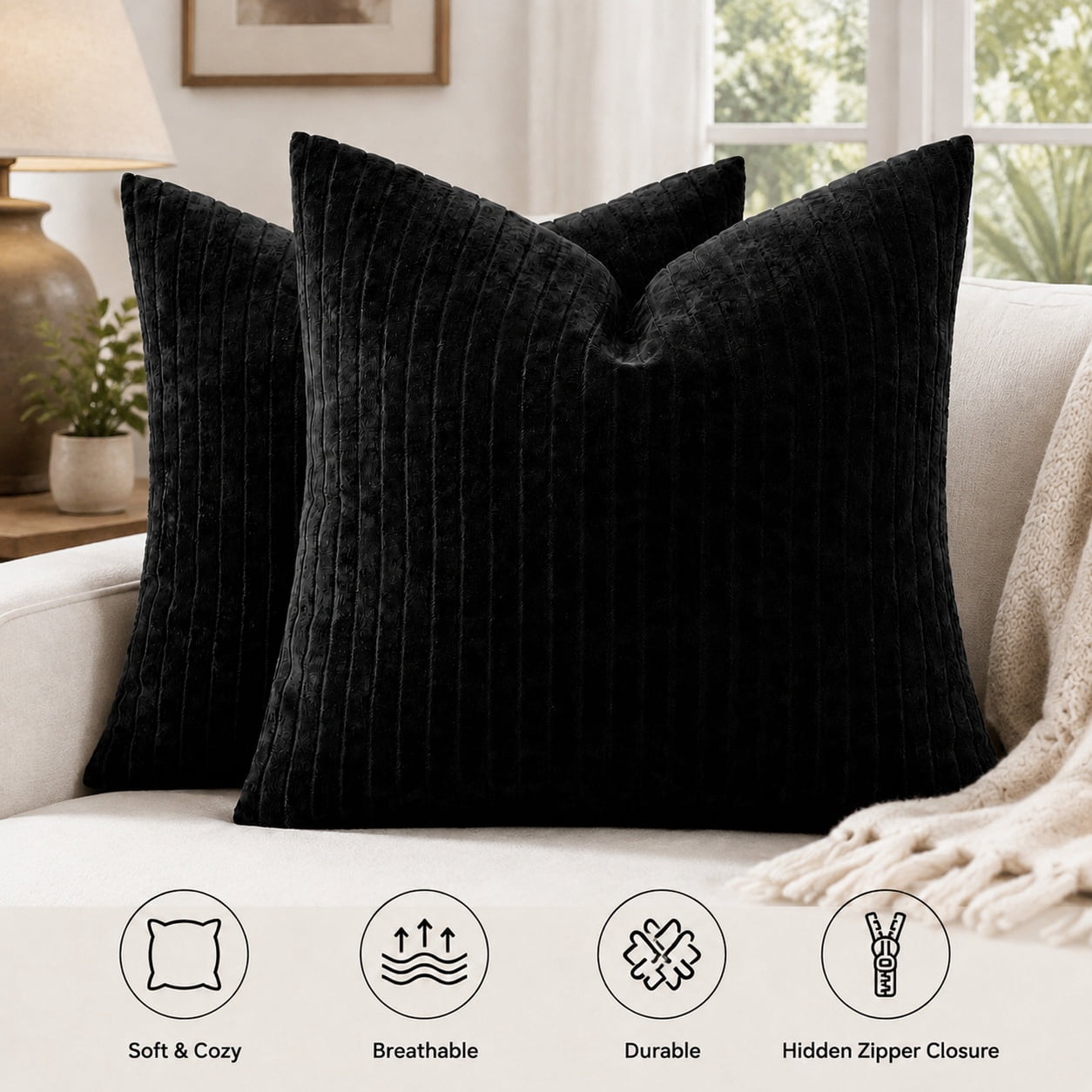 Set of 2 Black Textured Striped 20x20 Inch Throw Pillow Covers