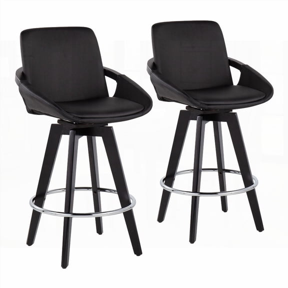 Set of 2 Black Wood Fixed-Height Counter Stools with Swivel and Chrome Footrest by LumiSource