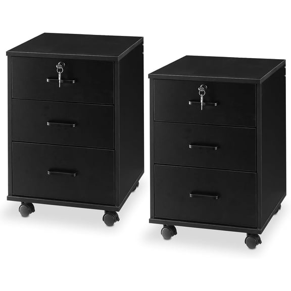 Set of 2 Black Wooden Rolling File Cabinets with 3 Lockable Drawers for Home Office