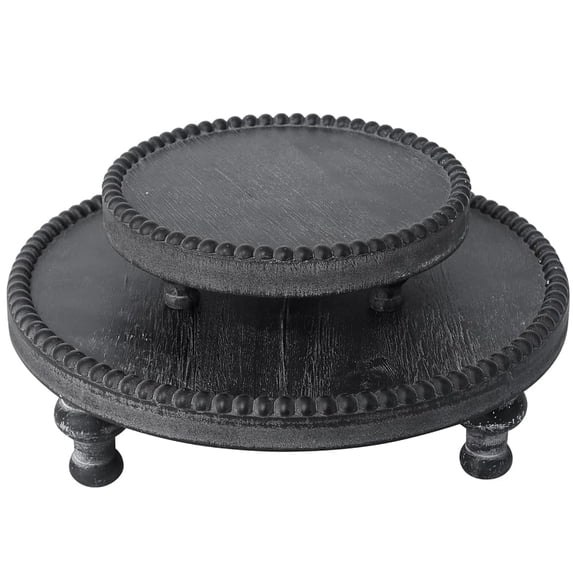 FUIN Set of 2 Black Wooden Pedestal Trays, Round Farmhouse Decorative Risers with Beaded Edge