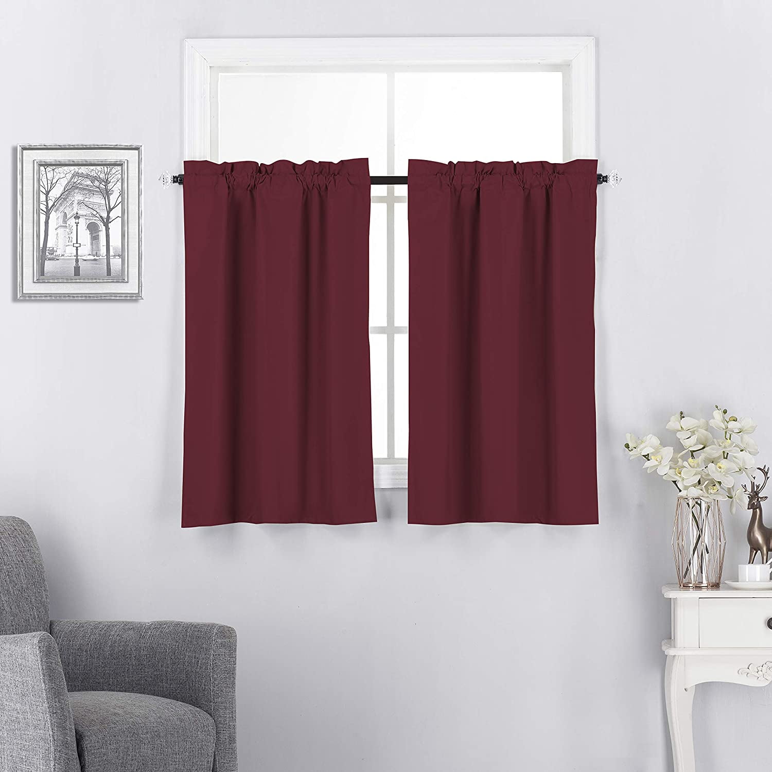 Set of 2 Blackout Insulated Rod Pocket Kitchen Curtain Tiers for Small Windows 27"W x 36"L-Burgundy