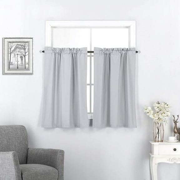 Set of 2 Blackout Rod Pocket Window Treatment Curtain Tiers for Kitchen or any Small Window, (27"W x 24"L, Silver)