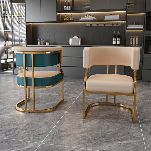 Set of 2 Blue Beige PU Dining Chairs With Gold Iron Frame for Dining Room