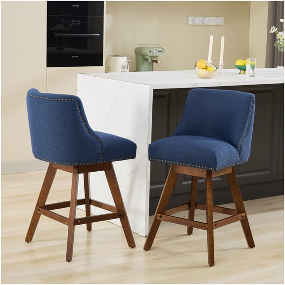Set of 2 Blue Fabric Swivel Bar Stools, 360 Rotating Counter Height Barstools with Padded Seat