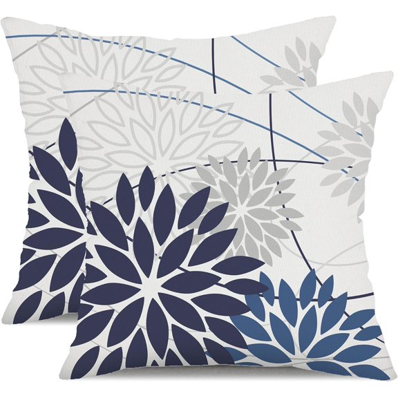 Set of 2 Blue Floral 18×18in Waterproof Pillow Covers, Polyester Farmhouse Outdoor Patio Cushion Covers